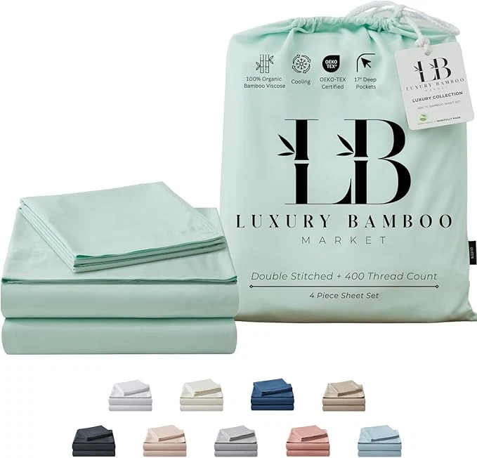 Refined Luxury Bamboo Market King Size Bed Sheet Set Viscose Made from Bamboo Organically Grown Ultra Soft Cooling Sheets for Hot Sleepers 17 quot Deep Pocket Coastal Green Premium