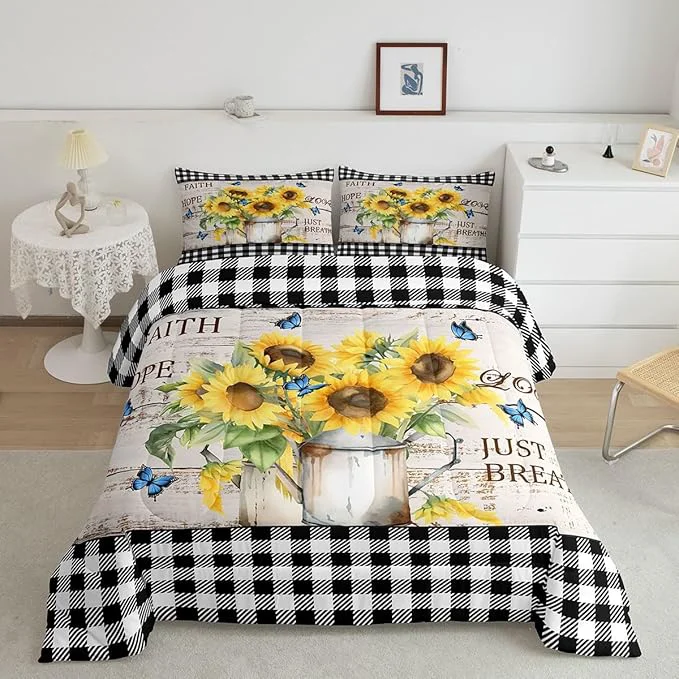 Trusted Castle Fairy Yellow Sunflowers Bedding Set for Boys Girls Rustic Farmhouse Style All Season Cozy Comforter Set Full Size Black White Plaid Retro Gingham Duvet Set Bedroom Décor Gift for Kids Easy-to-Use