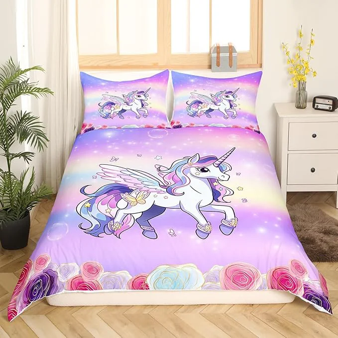 Trusted Kids Girls Unicorn Bedding Set Pink Purple Rainbow Duvet Cover Set Cartoon Unicorn Comforter Cover Rose Flowers Bedspread Cover Bedroom Quilt Cover King with 2 Pillowcase No Comforter Exclusive