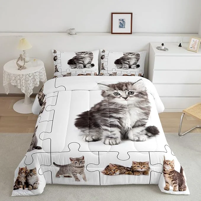 High-End Castle Fairy 3D Cats Print Queen Size Comforter Set Cute Pet Theme Down Comforter Adults Bedroom Decor Lovely Kittens Kids Cartoon Animal Ultra Soft Microfiber Inner Fill 3Pcs Bedding Durable