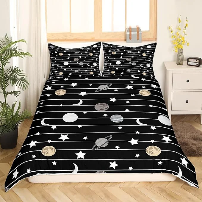Consistent Cartoon Planet Bedding Set Starry Galaxy Duvet Cover Set Moon Night Comforter Cover Set Black White Lines Bedspread Cover Bedroom Quilt Cover 3Pcs Queen with 2 Pillowcase No Comforter Contemporary