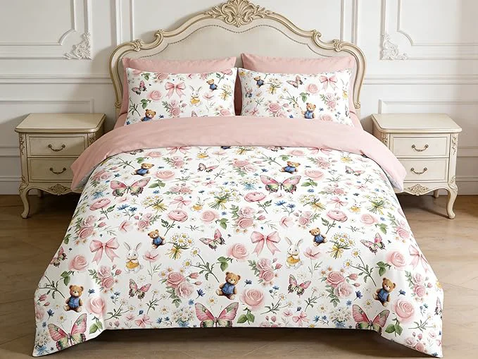 Carefully Designed Queen Pink Floral Comforter Set for Girls 3Pcs Pink Bow Butterfly Bedding Set for Priness Girly Bedroom Decor Cute Rabbit Bear Comforter with 2 Pillowcases 90 quot x90 quot Modern