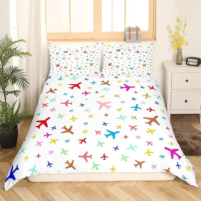 Quality Castle Fairy Kids Aircraft Bedding Set Watercolor Transportation Vehicles Duvet Cover Set Boys Airplanes Comforter Cover Colorful Bedspread Cover Bedroom Quilt Cover Full No Comforter Functional