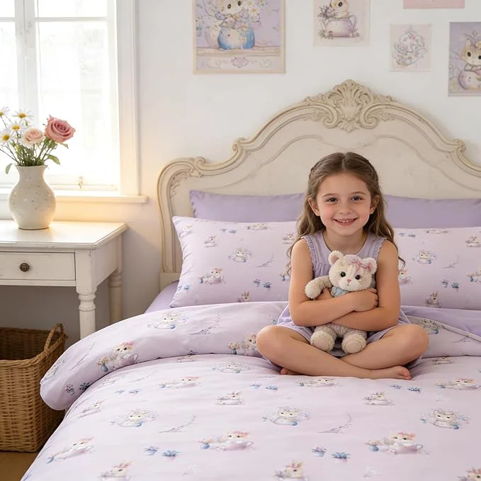Fast Taro Purple Comforter Set King Size for Girls 3Pcs Botanical Floral Bedding for Kids Kawaii Bedroom Decor Cute Priness Girly Cat Kitten Comforter Set with 2 Pillowcases 90 quot x90 quot High-Grade