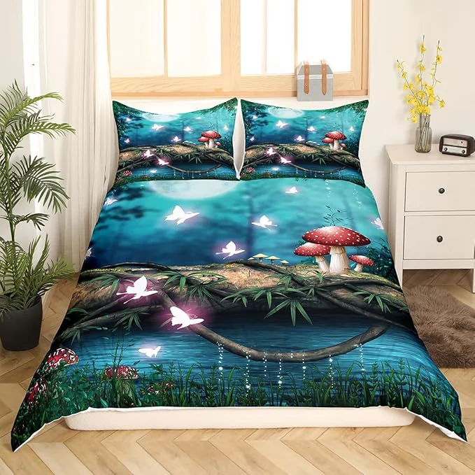 Convenient Red Mushroom Bedding Set for Kids Moon Night Sky Jungle Comforter Cover with Zipper Closure al Butterfly Cartoon Plant Bedding Set Twin Size Boys Girls Ultra Soft Quilt Cover Expertly Made
