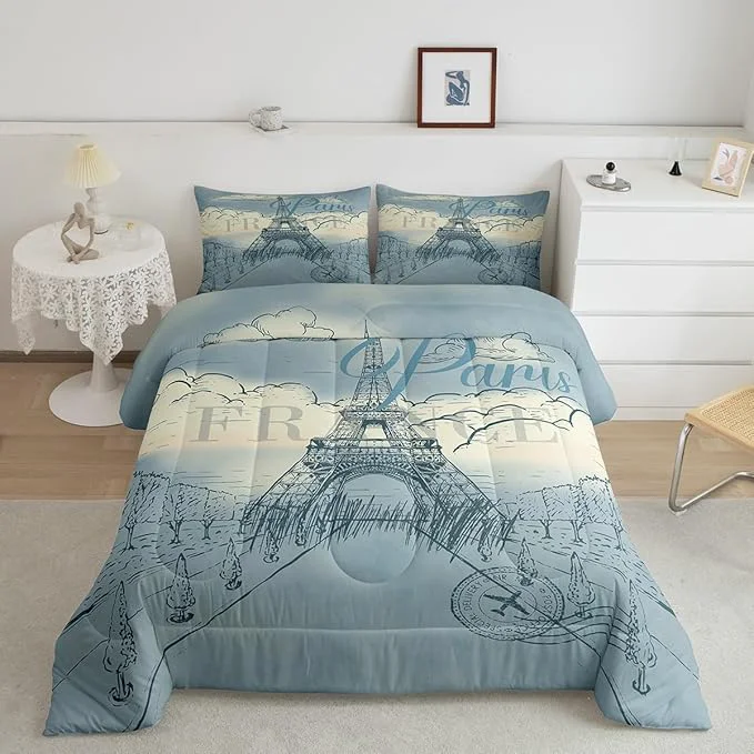 Safe Castle Fairy Eiffel Tower Comforter King Size Retro Paris Style Comforter Set Bedding Set for Kids Adults Vintage Cityscape Boys Girls Landmark Duvet Set Ultra Soft Room Decor 3Pcs Quilt Set Responsible