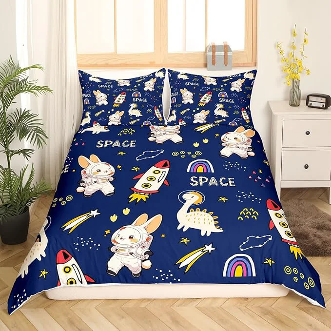 Fine Cute Rabbits Bedding Set Kids Boys Dinosaurs Duvet Cover Set Cartoon Rocket Comforter Cover Set Starry Galaxy Navy Bedspread Cover Bedroom Quilt Cover 3Pcs Full with 2 Pillowcase No Comforter Classic