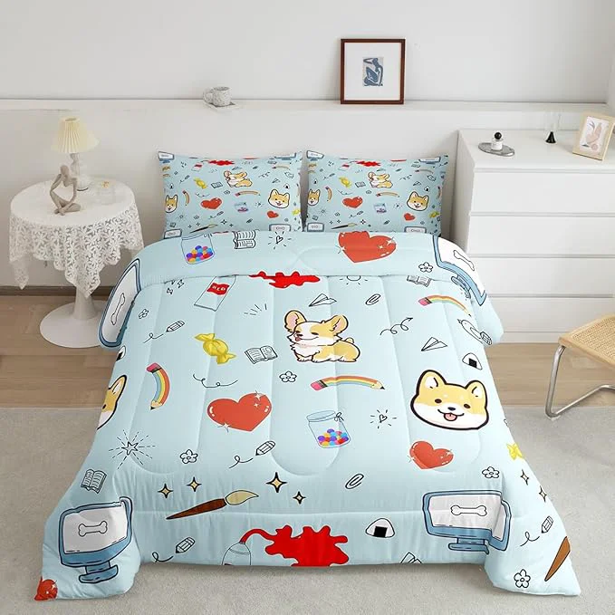 Official Castle Fairy Cartoon Dog Comforter King Size Hippie Graffiti Painting Comforter Set Bedding Set for Kids Adults Kawaii Puppy Pet Theme Duvet Set Ultra Soft Room Decor 3Pcs Quilt Set Quality