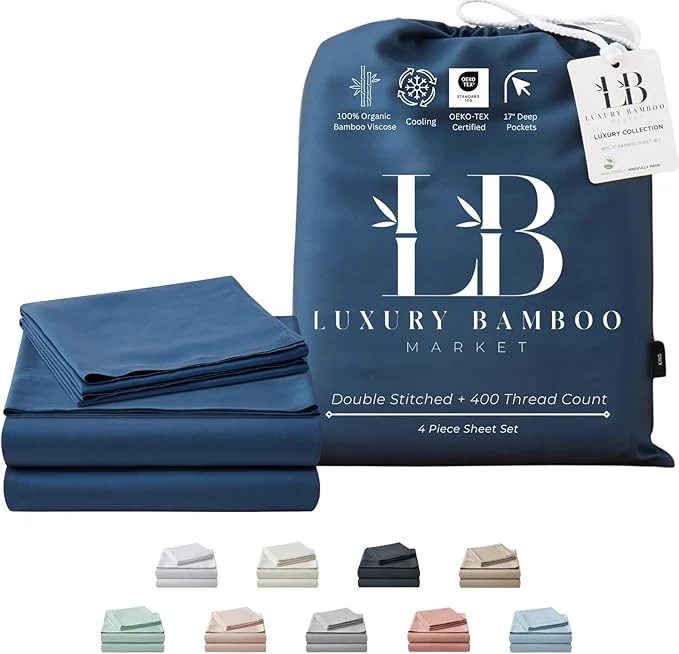 Casual Luxury Bamboo Market Queen Size Bed Sheet Set Viscose Made from Bamboo Organically Grown Ultra Soft Cooling Sheets for Hot Sleepers 17 quot Deep Pocket Midnight Blue Efficient