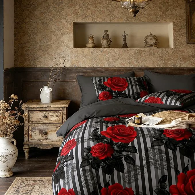 Recyclable Dark Floral Comforter Set Full Size Red Rose Soft Microfiber Bedding Set on Black Grey Stripe Background for Girls American Vintage Style Bedroom Decor 3Pcs amp 2 Pillowcases Artisan