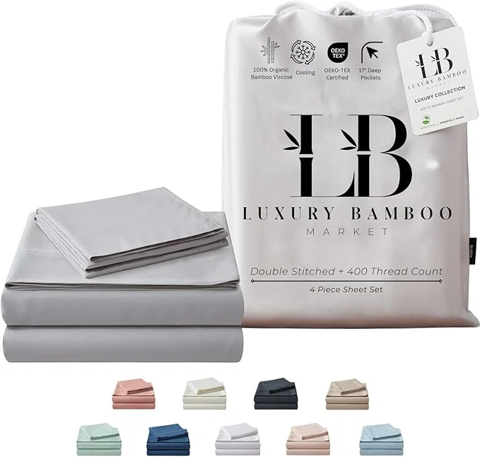 Environmentally Friendly Luxury Bamboo Market Queen Size Bed Sheet Set Viscose Made from Bamboo Organically Grown Ultra Soft Cooling Sheets for Hot Sleepers 17 quot Deep Pocket Dove Grey Traditional