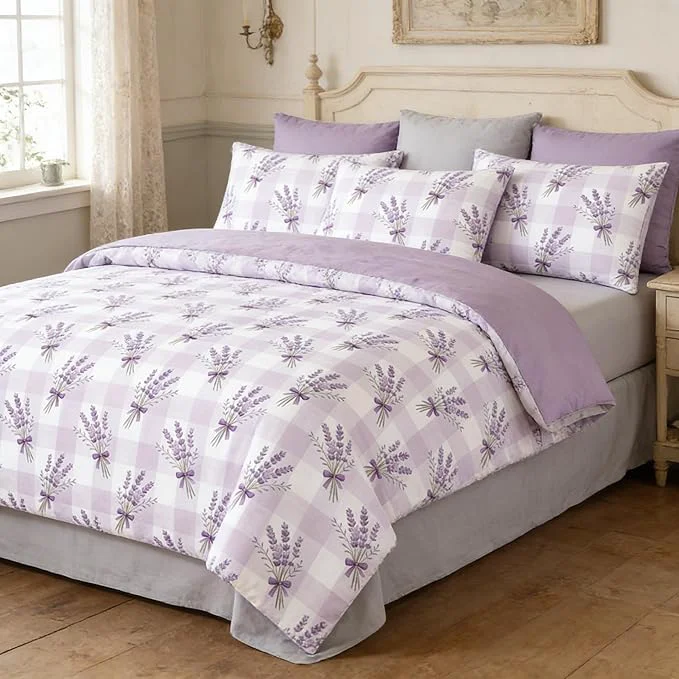 Unique Gingham Comforter Set King Size 5Pcs Bed in A Bag Purple Lavender Bedding for Women Girls Boho Plaid Checkered Quilted Comforter with 2 Pillowcases 1 Flat Sheet 1 Fitted Sheet Premium Material