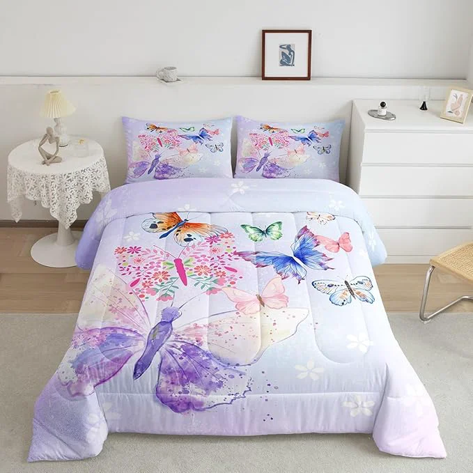 Selected Purple Butterfly Boys Girls Comforter Set Full Size Kids Girls Butterflies Duvet Sets Teens Bedroom Decor Daisy Flowers Rustic Flying Animal Brushed Microfiber Soft Bedding Comforter Optimized