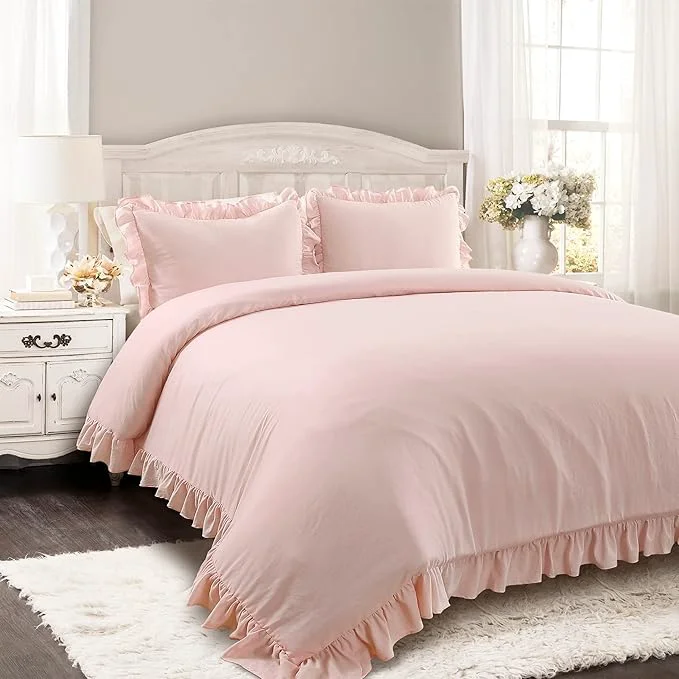 Healthy Lush Decor Reyna Ruffle Comforter Set - 3 Piece Cozy Ruffled Bedding Set - Timeless Elegance and Comfort for Bedroom - King Blush Flexible