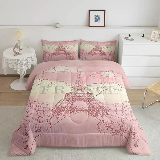 Smart Castle Fairy Eiffel Tower Comforter Set King Retro Paris Style Bedding Set for Boys Girls Teens Bedroom Decor Vintage Cityscape Girls Women Landmark Quilt Set Super Soft Duvet Set Gift for Her Him Lightweight