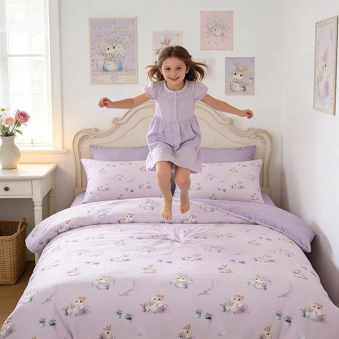 Detailed Taro Purple Priness Comforter Set Full Size for Girls 3Pcs Botanical Floral Bedding for Girly Bedroom Decor Cute Cat Kitten Comforter Set with 2 Pillowcases 79 quot x90 quot Enhanced