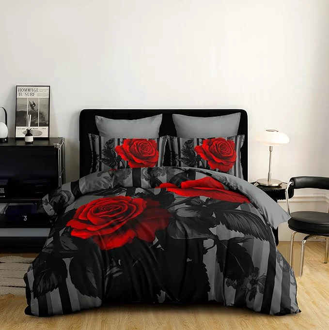 Professional Comforter Set Full Size for Girls Romantic Red Rose Comforter Set Black Floral Bedding Set for Bedroom Decor - 3Piece Soft Fluffy Microfiber with 2 Pillowcases Reliable
