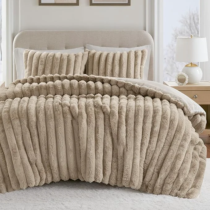 Optimized Madison Park Jasmine Queen Comforter Set Luxurious Reversible Faux Fur Plush Ribbed Velvet Bedding Fuzzy Thick Warm Winter Comforter Super Soft Fluffy 3-Piece Set Taupe High-End