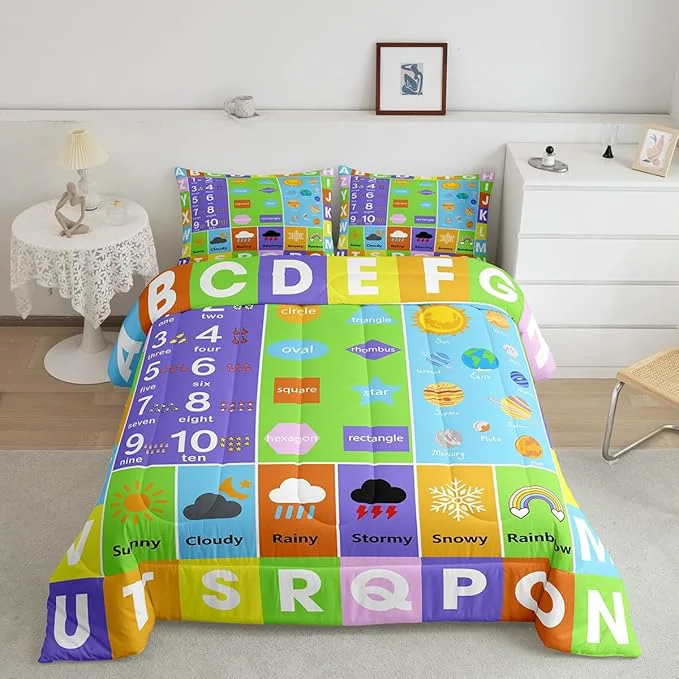 High-Performance Castle Fairy Alphabet Queen Size Comforter Set Educational Weather Planets Number Down Comforter Adults Bedroom Decor Watercolor Patchwork Ultra Soft Inner Fill 3Pcs Bedding Modern
