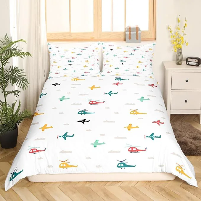 Recyclable Kids Aircraft Bedding Set Watercolor Transportation Vehicles Duvet Cover Set Boys Airplanes Comforter Cover Colorful Helicopter Bedspread Cover Bedroom Quilt Cover Twin with 1 Pillowcase No Comforter Contemporary