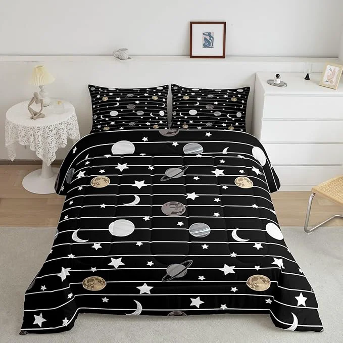 Responsible Cartoon Planet Comforter Set for Kids Starry Galaxy Bedding Sets Teens Cute Room Decor Moon Night Black White Lines Duvet Set Quilt Set Twin 1 Comforter with 1 Pillow Case Minimalist