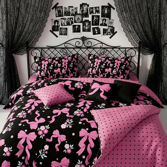 Expertly Made Black Pink Bow Comforter Set King Size 3 Pcs Pink Ribbon Bowknot Reversible Comforter Love Heart Soft Microfiber Bedding Set with 2 Pillowcases 104 quot x90 quot Minimalist