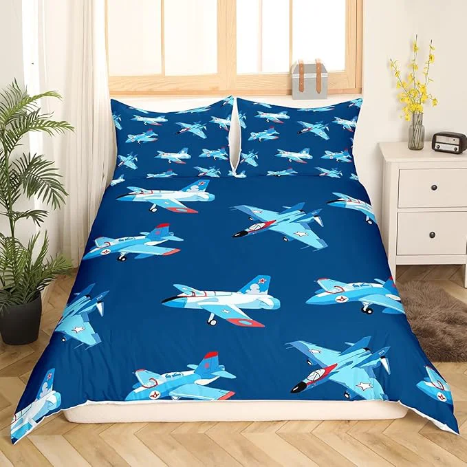 Organic Castle Fairy Kids Aircraft Bedding Set Cartoon Transportation Vehicles Duvet Cover Set Boys Airplane Comforter Cover Navy Blue Bedspread Cover Bedroom Quilt Cover King with 2 Pillowcase No Comforter Quality