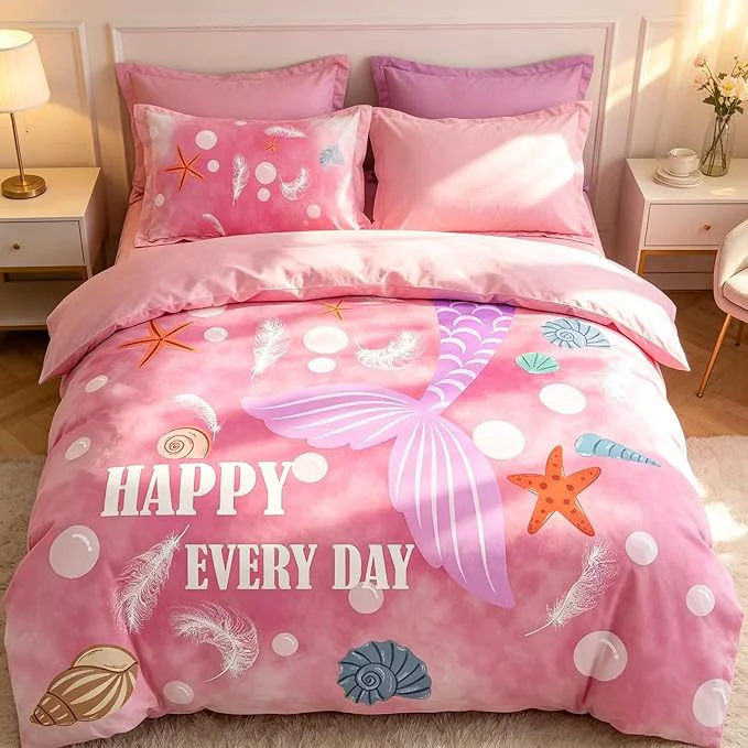 Secure Girls Pink Mermaid Tail Comforter Set King Size Marine Life Soft Microfiber Bedding Set with Shells amp Starfish Pattern 3Pieces All Season Lightweight Summer Comforter Set for Girls Casual