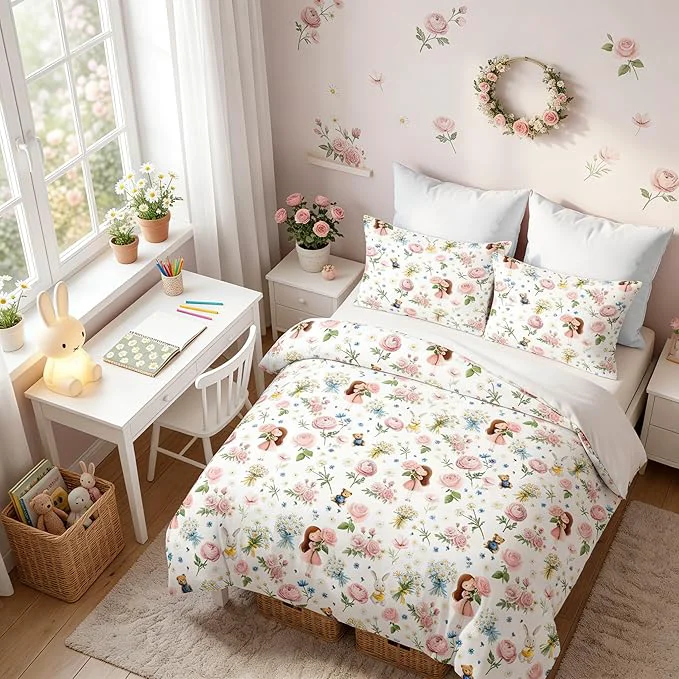 Selected Girls Priness Botanical Comforter Set Full Size 3Pcs Pink Rose Bedding for Kids Kawaii Bedroom Decor Cute Priness Girly Rabbit Bear Comforter Set with 2 Pillowcases 79 quot x90 quot Fine