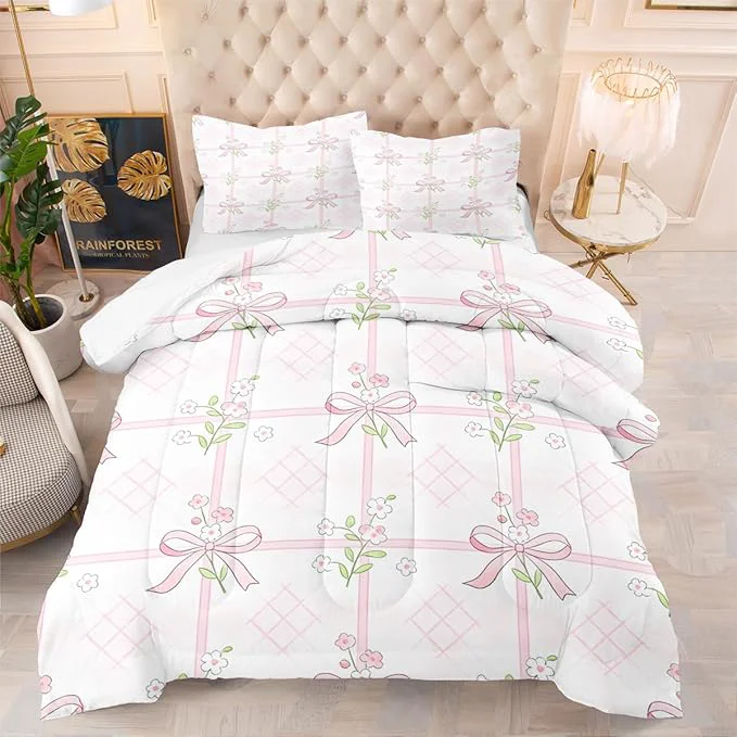 Top-Quality Pink Bowknot Comforter Set Twin for Girls 2Pcs Stripe Plaid Bedding with Pink Green Botanical Floral French Country Style Quilted Comforter with 1 Pillowcase 68 quot x86 quot Reliable