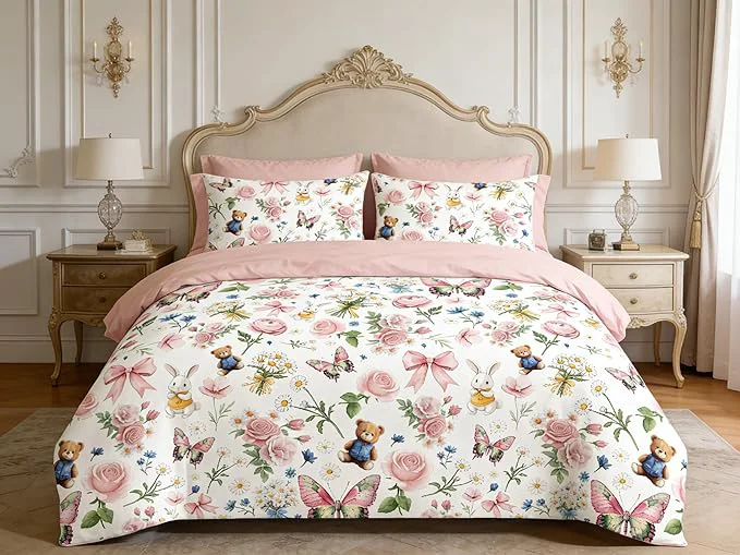 World-Class Pink Floral Comforter Set King Size for Girls 3Pcs Light Pink Bow Butterfly Bedding for Priness Girly Bedroom Decor Cute Rabbit Bear Quilt Set with 2 Pillowcases 104 quot x90 quot Specialty