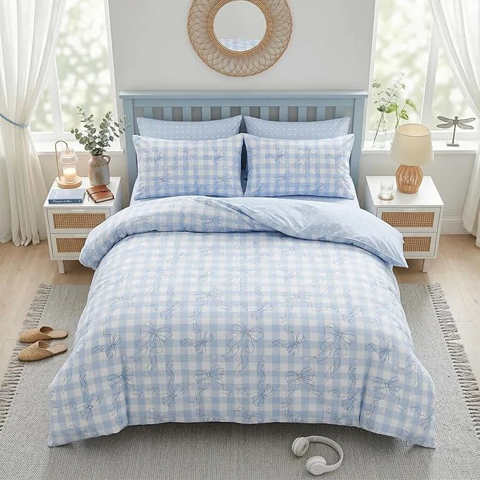 Healthy Blue Gingham Comforter Set King Size for Girls Light Blue Bowknot Bedding with Heart Pattern 3 Pcs Checkered Plaid Quilted Comforter Set with 2 Pillowcases 104 quot x90 quot Exceptional