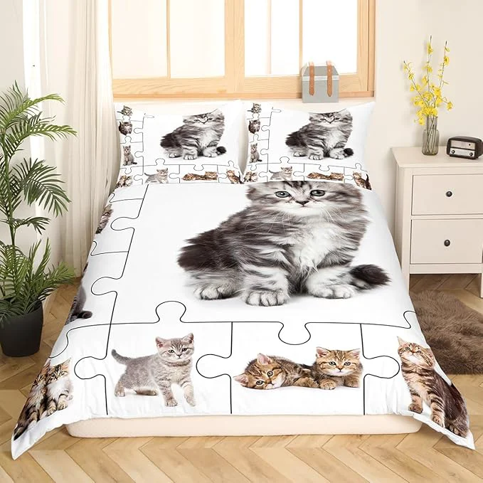 Premium Material 3D Cats Print Bedding Set Cute Pet Theme Duvet Cover Set Lovely Kittens Kids Comforter Cover Set Cartoon Animal Bedspread Cover Bedroom Quilt Cover 3Pcs King with 2 Pillowcase No Comforter Elite