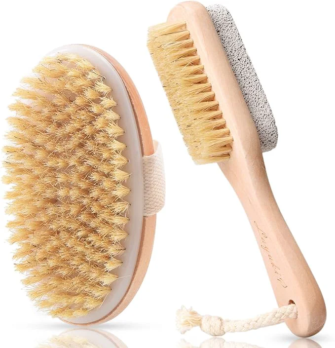 Authentic LAYUKI Body Brush for Dry or Wet Brushing and 2-Sided Foot File Scrubber Set Selected