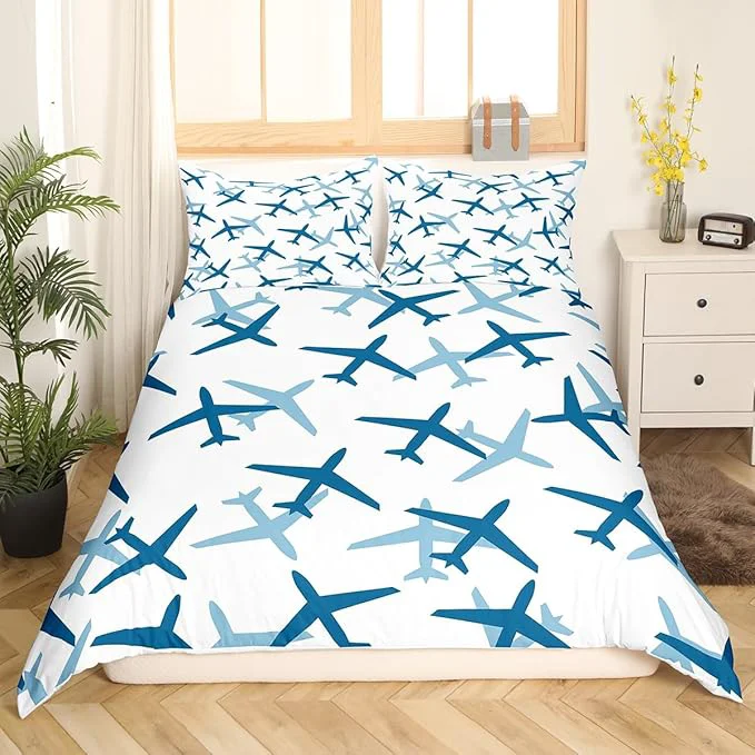 Powerful Castle Fairy Kids Aircraft Bedding Set Cartoon Transportation Vehicles Duvet Cover Set Boys Airplane Comforter Cover Blue White Bedspread Cover Bedroom Quilt Cover King with 2 Pillowcase No Comforter First-Class