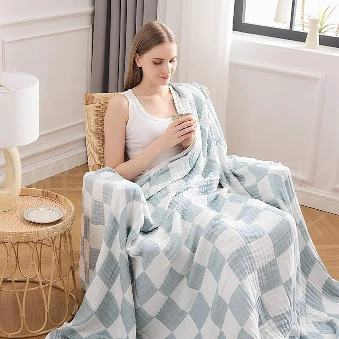 Fashionable EMME Checkered Cotton Blanket Twin Large 60 quot x80 quot Muslin for Couch Breathable Cooling Gauze All Season Soft and Lightweight Teal Authentic