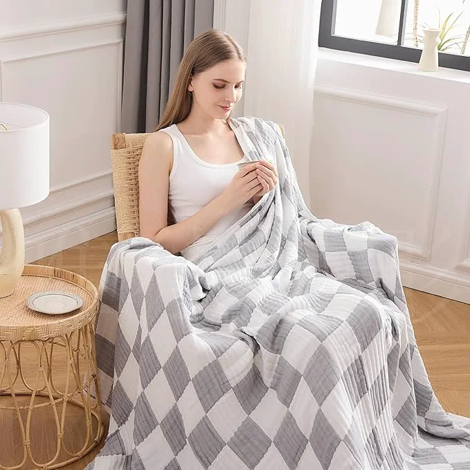 Sophisticated EMME Checkered Cotton Queen Size Bed Blanket 80 quot x90 quot Lightweight Breathable Cooling All Season Gauze Light Grey Next-Generation