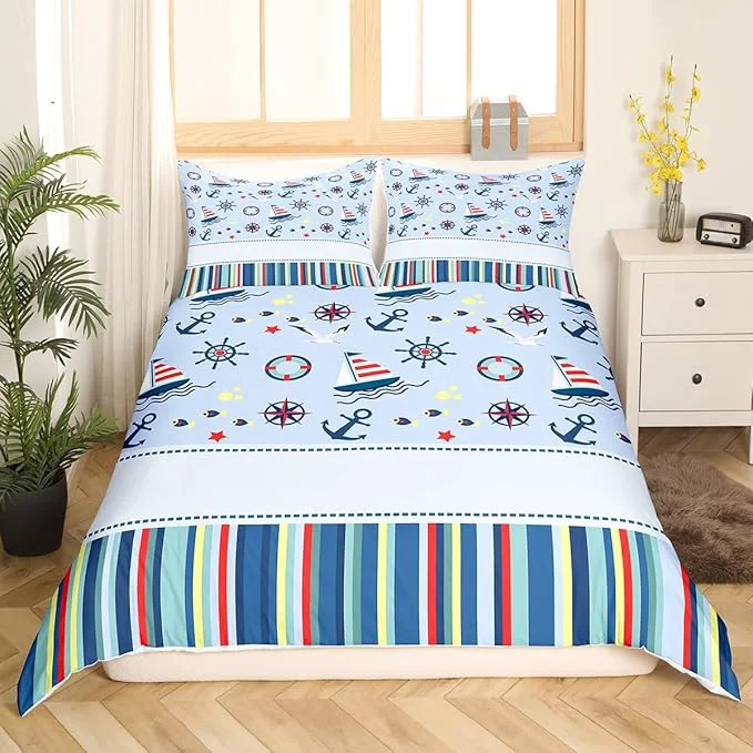 Safe Castle Fairy Nautical Anchor Bedding Set Ocean Fish Seagull Blue Duvet Cover Set Outdoor Adventure Comforter Cover Red Blue Stripes Bedroom Quilt Cover King with 2 Pillowcase No Comforter Natural