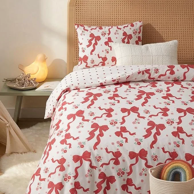 Genuine Red Bow Comforter Set Twin for Girls 2Pcs Ribbon Bowknot Bedding for Kids Kawaii Bedroom Decor Dreamy Priness Girly Puple Stripe Bows Comforter Set with 1 Pillowcase 68 quot x86 quot Solid