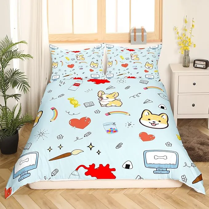 Casual Castle Fairy Cartoon Dog Duvet Cover Twin Size Hippie Graffiti Painting Comforter Cover with 1 Pillowcase for Boys Girls Kawaii Puppy Pet Theme Soft Breathable Bed Cover Room Decor No Comforter High-End