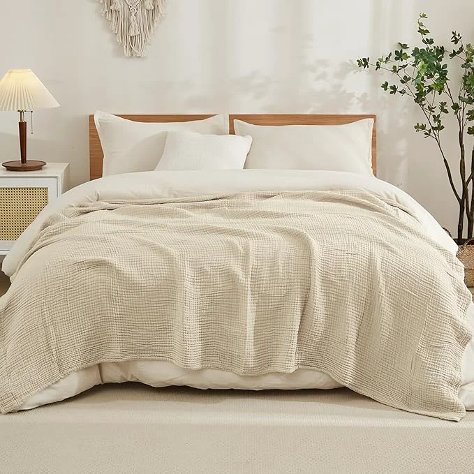 Expertly Made EMME Cotton Muslin King Blanket Big Oversized Bed Layering Bedspread Coverlet Light Tan Breathable Gauze Soft Lightweight Blankets 120 quot x94 quot Green