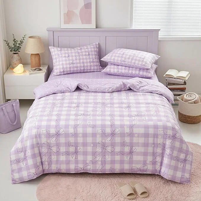 High-End Purple Gingham Comforter Set Full for Girls Light Purple Bowknot Bedding with Heart Pattern 3 Pcs Checkered Plaid Quilted Comforter Set with 2 Pillowcases 79 quot x90 quot Functional