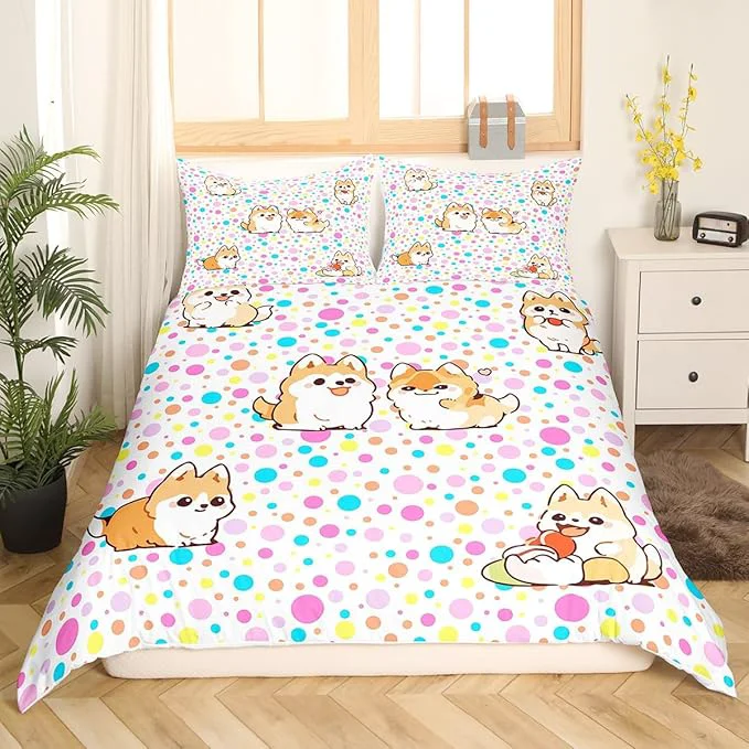 Responsible Kawaii Dogs Bedding Set Colorful Polka Dots Duvet Cover Set Cartoon Puppies Comforter Cover Set Cute Pet Theme Bedspread Cover Bedroom Quilt Cover 3Pcs Full with 2 Pillowcase No Comforter Pure