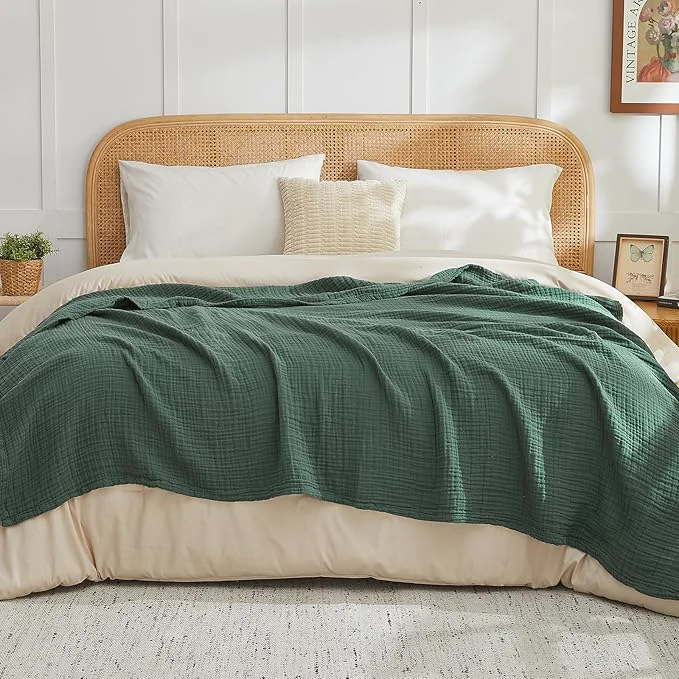 Effective EMME Cotton Muslin King Blanket Big Oversized Bed Layering Bedspread Coverlet Breathable Gauze Soft Lightweight Blankets Forest Green 120 quot x94 quot Reliable