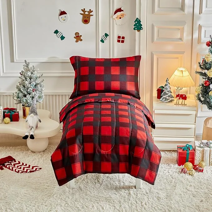 Dependable Christmas Toddler Bedding Set for Boys Girls Red Black Plaid Gingham Holiday 4PC Toddler Bed Set - Cute Toddler White Bed in a Bag for New Year Flexible
