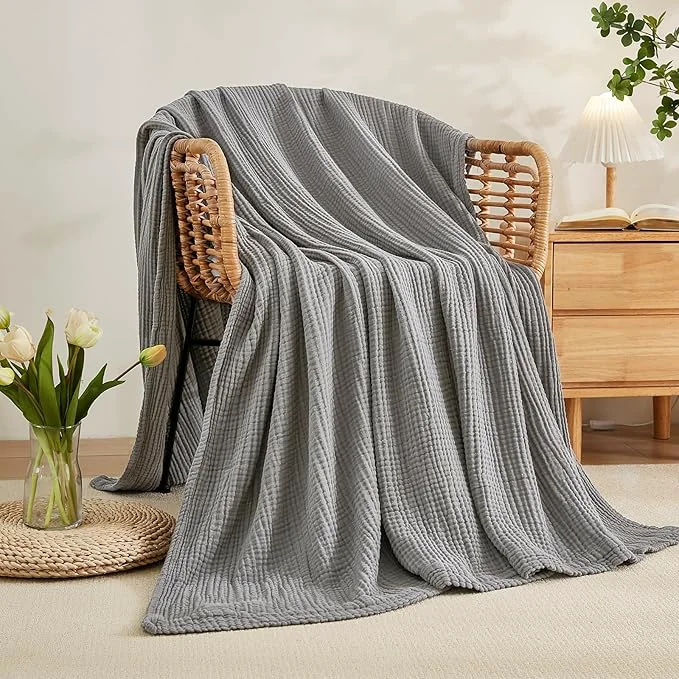 Stylish EMME Cotton Blanket Twin XL for Bed Soft Muslin Blankets 66 quot x90 quot Lightweight Breathable Layering Bedspread Coverlet All Season Gauze Grey Minimalist