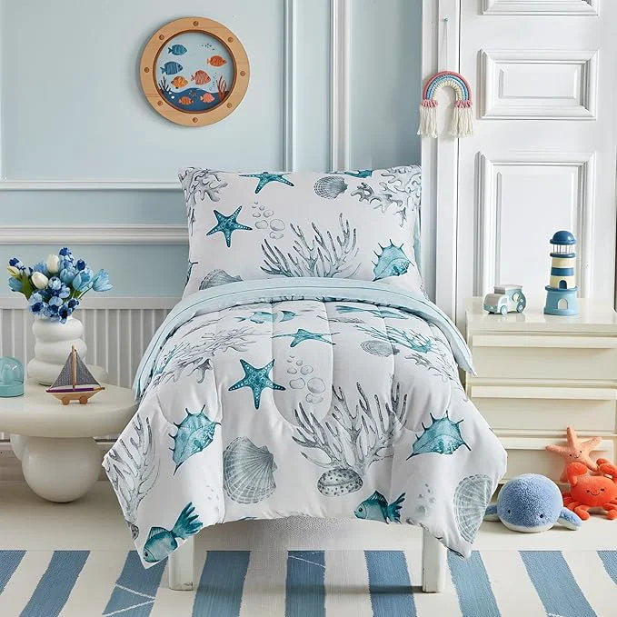 Practical White Toddler Bedding Set for Boys Girls Water Blue Colorful Ocean Starfish Shell Aquatic Plant 4PC Toddler Bed Set - Soft Blue Cute Toddler White Bed in a Bag with Sheet Set and Pillow Shams Efficient
