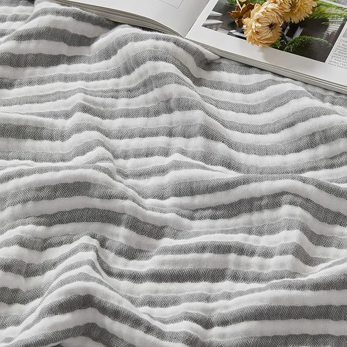 EMME Cotton Muslin King Blanket Bed Layering Bedspread Coverlet Breathable Gauze Soft Lightweight Striped Grey 108 quot x90 quot Original