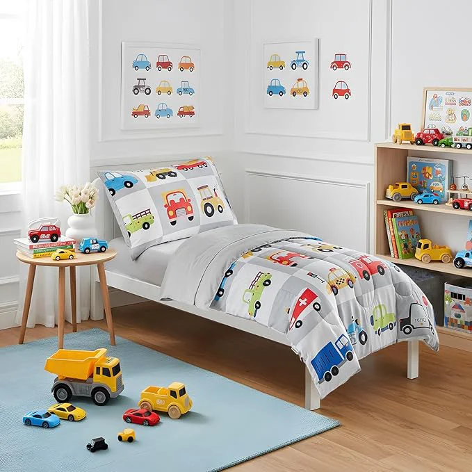 Eco-Friendly White Gray Toddler Bedding Set for Boys Girls Colorful Cars Vehicle Auto Fire Engine Bulldozer 4PC Toddler Bed Set - Soft Cute Toddler Plaid Patchwork Bed in a Bag with Sheet Set and Pillow Shams Quality