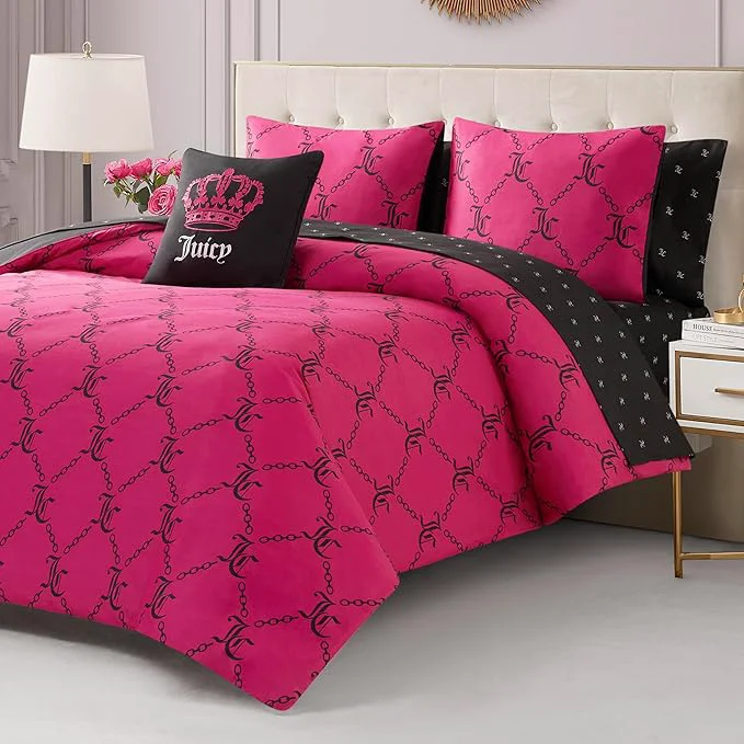 Solid Juicy Couture Hot Pink Black Link Logo Printed Comforter Set Queen – Complete 8-Piece Bed in a Bag Collection Pure